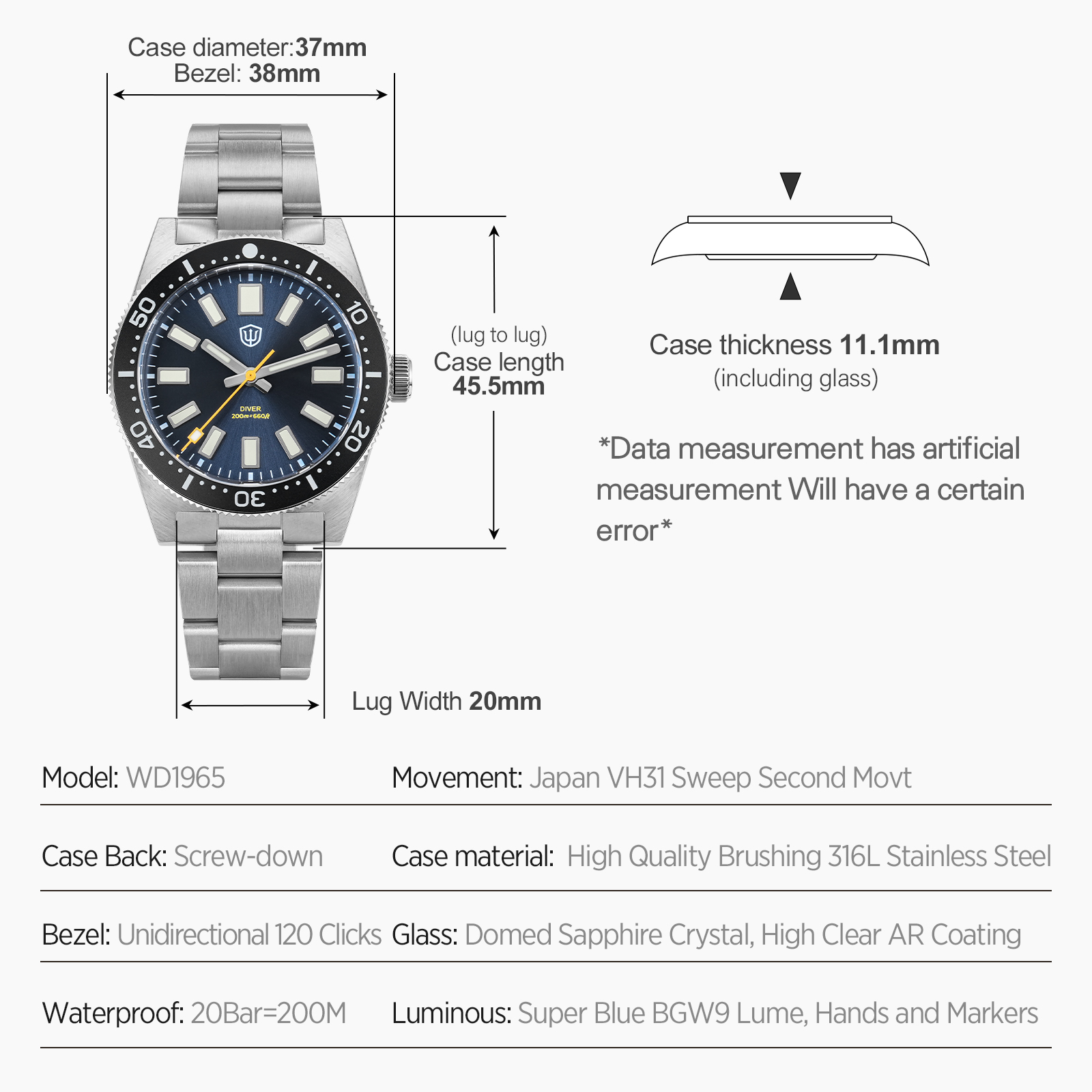 Watchdives 37Mm WD1965 V2 Man  - đánh giá và giá Luxury Watch Quality